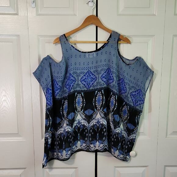 Arianna By Howards Multi-Colored Blouse OS Sheer Cold Shoulder Boho Abstract - Picture 1 of 11